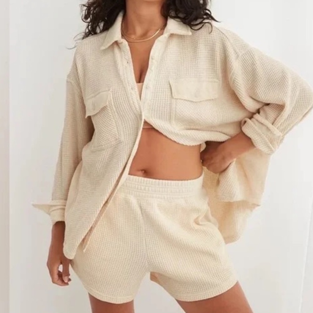 Aerie LumberJane Waffle Knit Shirt Women’s Size L Oatmeal